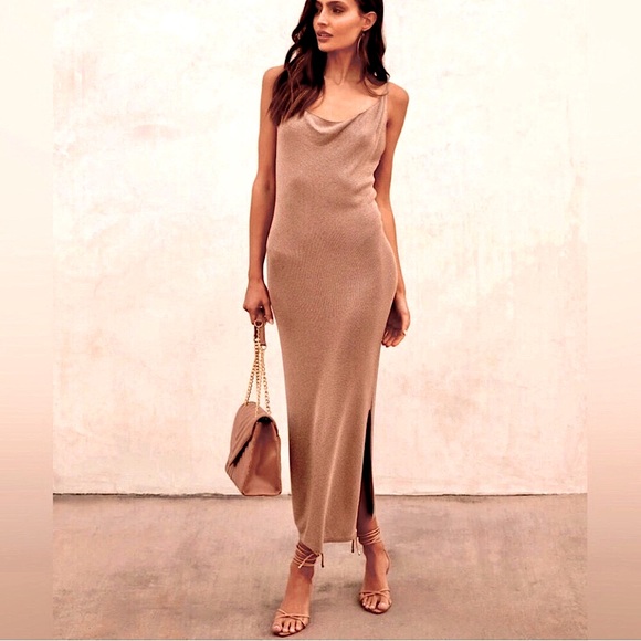 Vici Dresses & Skirts - Vici shimmer taupe long dress Drape cowl neckline NEW SALE Re $69 *See matching